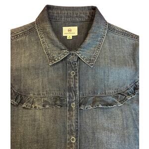 AG Adriano Goldschmied Women's Medium Denim Tencel Shirt Ruffle Snap Western